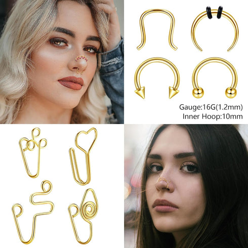 20G Nose Rings Studs with Chains African Nose Ring Cuff Horseshoe Septum Rings Stainless Steel Star Heart Nose Ring Chain Piercing Jewelry Set for...