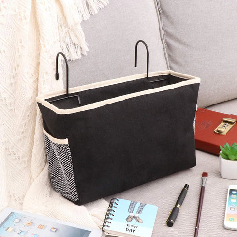 Canvas Bedside Storage Hanging Organizer for Dorm Bunk Bed Rails, Black Container for Tablet, Magazine, and Essentials, 11.81 X 7.48 X 5.11 Inches...