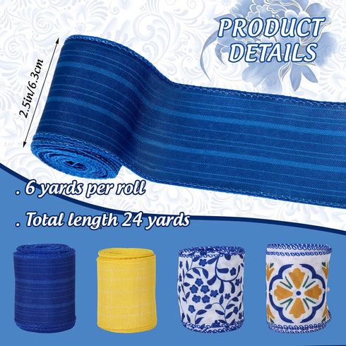 Boho Wired Edge Ribbon Blue Yellow Stripe Plaid Floral Leaves Fabric Craft Ribbon for Wedding Birthday Bridal Shower Wreath Bow Making, 4 Rolls, 2...