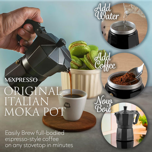 Mixpresso Black 3 Cup Moka Pot Cuban Coffee Maker, Moka Pot for Gas, Electric Stove Top, Classic Italian Coffee Maker, Stovetop Espresso Maker, Ca...