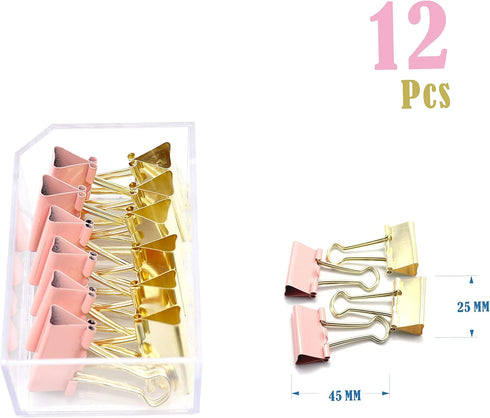Gold Pink Binder Clips and Paper Clips Set (3-in-1 Boxed), for Office School Supplies Teachers Classroom Daily use...