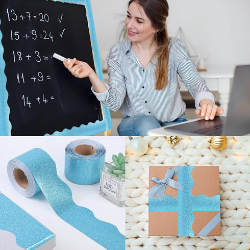 131 Ft Blue Glitter Bulletin Board Borders Blue Scalloped Bulletin Board Trims Shiny Decorative Border Trims Sparkle Self-Adhesive Bulletin Sticke...