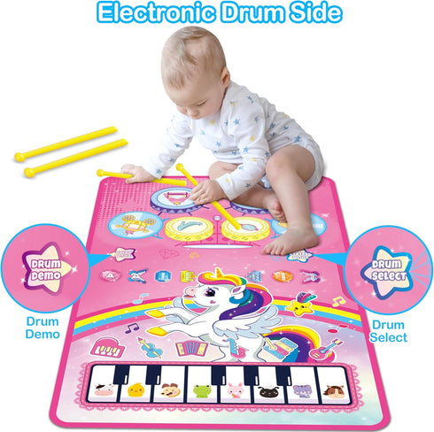 3 in 1 Piano Drum Babies Play Mat, Piano Keyboard & Drum Animal Touch Unicorn Toys for Girls, Baby Toys for 1 Year Old Toddler Girl Toy Age 1-2 Bi...