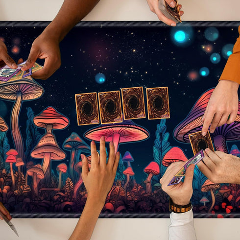 TCG Playmat Board Game Mat Plus 50 Pcs Card Sleeves, 24 x 14 Table Mats Neon Mushroom Game Mousepad with Soft Surface Non-slip Base for MTG RPG CC...