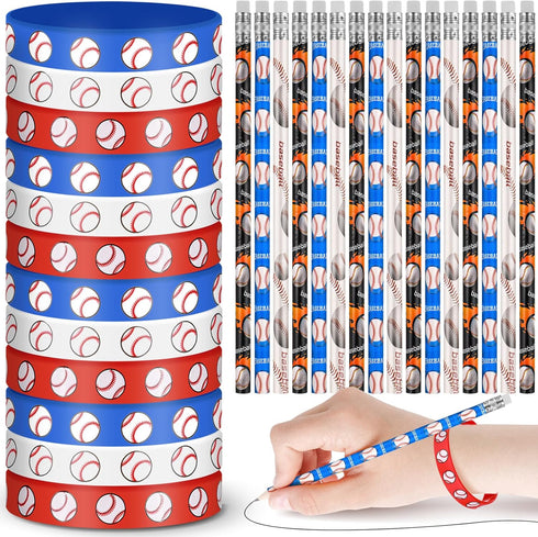 Sabary 48 Pcs Sports Pencils Silicone Bracelets Set Soccer Football Basketball Baseball Wooden Pencil Rubber Wristbands for Students School Classr...