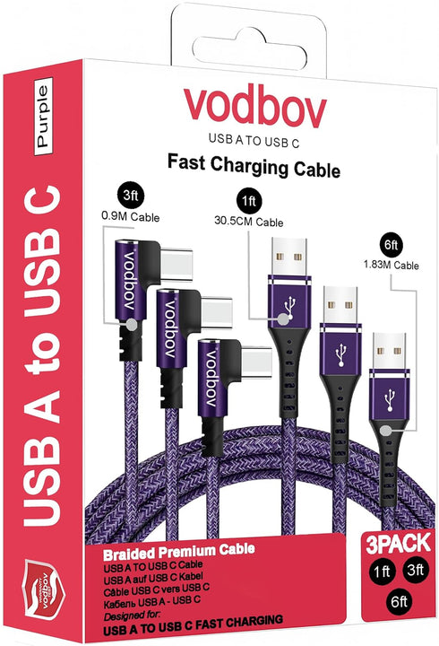 USB-C Cable 3-Pack 1ft 3ft 6ft Right Angle USB to USB-C 90 Degree Braided Data Sync Transfer Cord Purple...