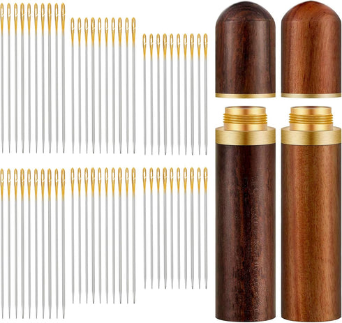 (60 Gold Needles) Easy Self-Threading Needles Kit for Hand Held Sewing, Large Eye Pre-Threaded Threader & Holder Storage Device for Embroidery Qui...
