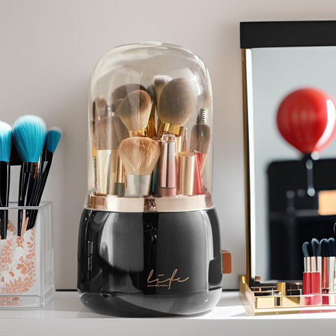 Black Makeup Brush Holder Organizer with Lid,360 Spinning Easily Dustproof Shiny Makeup Brush Holder for Vanity, 7 Compartments (Black)...