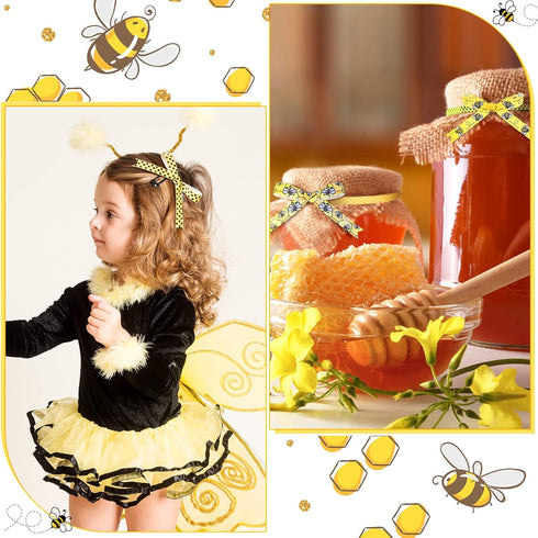 Jutom 15 Rolls 60 Yards Bee Ribbon Bee Flowers Bee Gnome Grosgrain Stripes Dots Yellow Wreath Ribbon Spring Easter Decorations for Sewing DIY Craf...