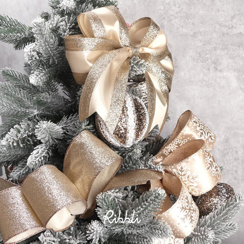 Ribbli Champagne Gold Wired Ribbon Satin with Glitter Edge 2.5 Inch Champagne Christmas Ribbon for Tree Gift Wrapping Wreaths Garland Topper Bows ...