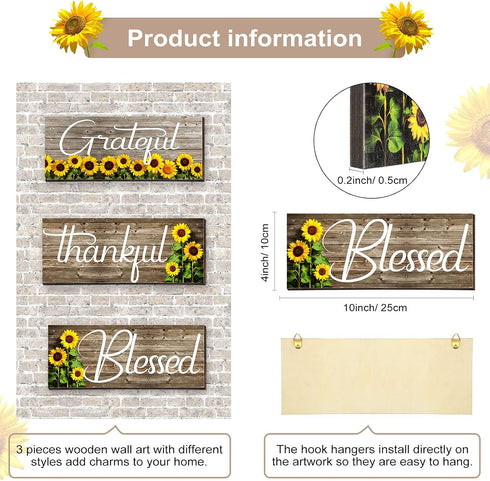 Nuanchu 3 Pcs Sunflower Thankful Grateful Blessed Wall Decor Art Signs Wooden Hanging Wall Plaques Sunflowers Prints Decor for Thanksgiving Bathro...