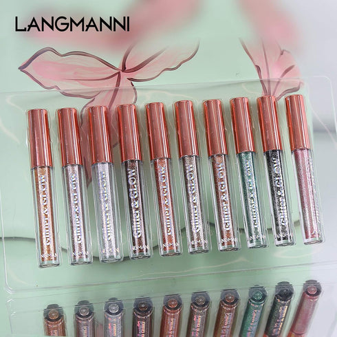 LANGMANNI 10 Pcs Liquid Glitter Eyeshadow Metallic Shimmer Glitter Eyeshadow Sweatproof Makeup Set,Glitter Pressed All Highly Pigmented Blending P...