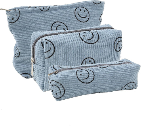 Cosmetic Bag 3PCS Pencil Pouch Smiley Face Bag Corduroy Cosmetic Bag Aesthetic Women Handbags Purses (BLUE)...