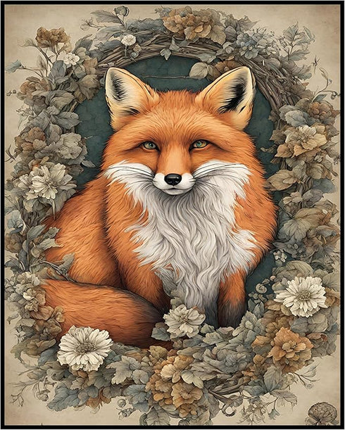 Posterizer 1 pcs- Red fox in a circular frame with flowers arround it-Art for Animal Lovers-Floral Botanical Art- Gift for Men Women Teens-Decor f...