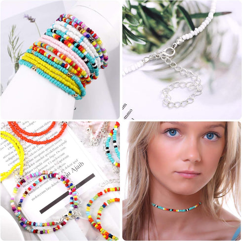 Hicarer 16 Pcs Beaded Choker Necklace Boho Women Bohemian Seed Beads Choker Colorful Bead Necklace for Women...