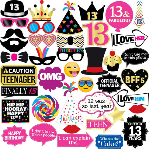 13th Birthday Photo Booth Party Props - 40 Pieces - Funny Official Teenager Birthday Party Supplies, Decorations and Favors...