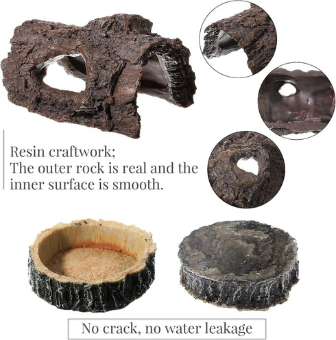 Reptile Hide, Reptile Food Bowls, Lizard Resin Hollow Tree Trunk Hideout, Bearded Dragon Tank Accessories Reptile Water Dish Habitat Tank Decorati...
