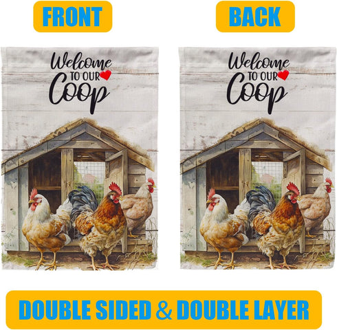 Rooster Garden Flag, Welcome to our Coop farmhouse Garden Flag 12x18 Inch Garden Flag - Perfect for Your Outdoor Hanging Decorations...