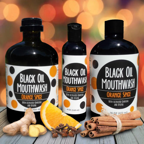 Black Oil Mouthwash, Sweet Orange Cinnamon Spice, Coconut + Sesame + Avocado Oil Super Blend, 4 oz, Activated Charcoal & Xylitol for Oil Pulling. ...