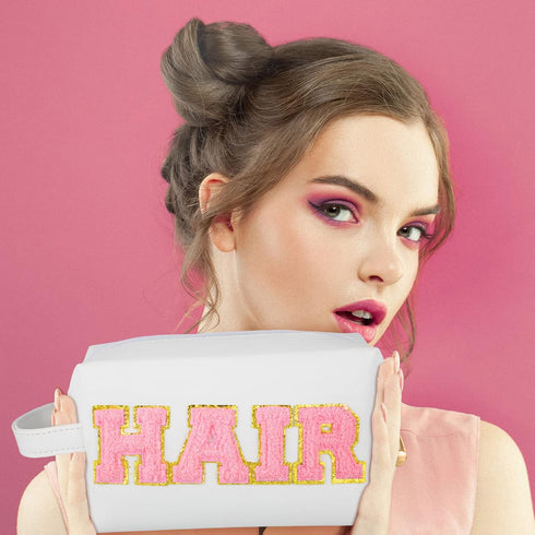 Sotiff 3 Pcs Preppy Patch Makeup Bag Hair Face Skin Cosmetic Bag Travel Toiletry Bag for Women Chenille Letters Patch Bag with Handle Waterproof P...