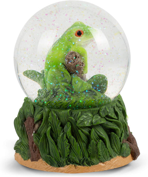 Elanze Designs Playful Green Tree Frog Tabletop Figurine Forest Hopping Log Leaves 100MM Sturdy Glitter Water Wind Up Musical Snow Globe Plays Tun...
