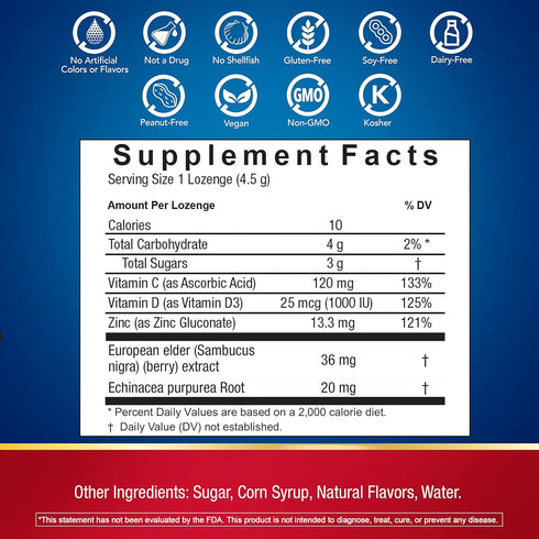 Defend-EEZE Immune Support Dietary Supplement Lozenges, 100% Daily Value of Zinc, Vitamins C & D per Dose, with Echinacea & Elderberry, Elderberry...