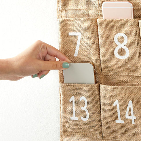 Juvale 30-Row Burlap Cell Phone Holder for Classroom, Farmhouse Designed White Numbered Hanging Pocket Organizer for Mobile Phones, Calculator Cad...