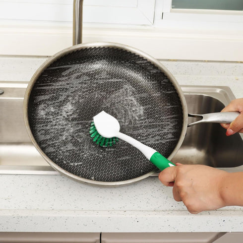 Dish Brush with Handle, 2 Pack Dish Cleaning Brushes with Built-in Scraper, Kitchen Scrub Brush for Cleaning Dishes, Pots, Pans and Sink, Dish Was...