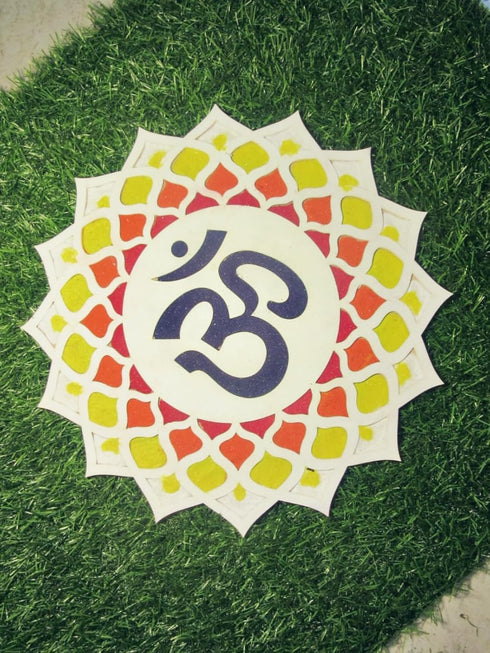 Aditri Creation DIY MDF Readymade Round Om Design Rangoli Mat Easy to Use Rangoli Template Easy to Fill Wooden MDF Rangoli Boards for Indian Tradi...