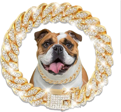 Cuban Link Dog Collar Gold Crystal Dog Necklace Metal Chain Collar with Design Secure Buckle Pet Collar Jewelry Accessories for Small Medium Large...