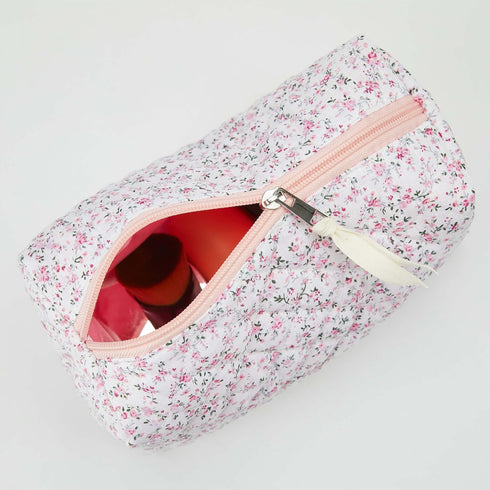 Quilted Cosmetic Bag for Women (Pink Flowers), Cotton Makeup Bag, Kawaii Cosmetic bag, Floral pouch, Floral cosmetic bag, Large Travel Toiletry Ba...