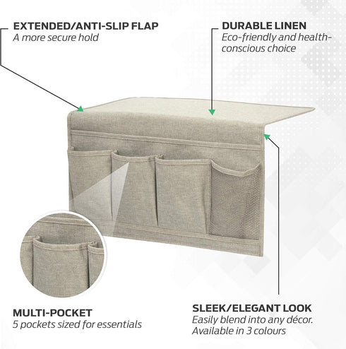 Bedside Caddy | Bedside Storage Organizer- 5 Pockets Bedside Holder for Remote, Laptop, Glasses, Phone, Magazine, Book | College Dorm Room Essenti...
