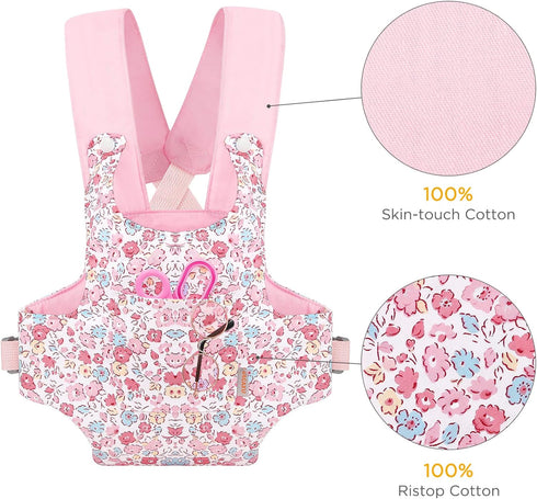 GAGAKU Baby Doll Carrier Stuffed Animal Carrier for Girls Doll Accessory Adjustable Straps for 12 to 24 inch Reborn Baby Dolls - Pink Flowers...