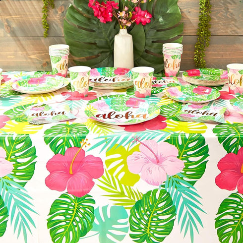 Sparkle and Bash - 3 Pack Tropical Plastic Tablecloth - 54x108 Inch Rectangle Hibiscus Floral Aloha Table Cover for Hawaiian Luau Party Supplies D...