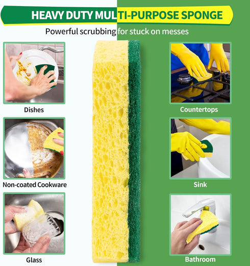 Heavy Duty Sponges, 24 Pack Scrub Sponge, Multipurpose Dish Sponge, Eco Cellulose Kitchen Sponge Sturdy Ergonomic Design for Washing Dishes, Uncoa...