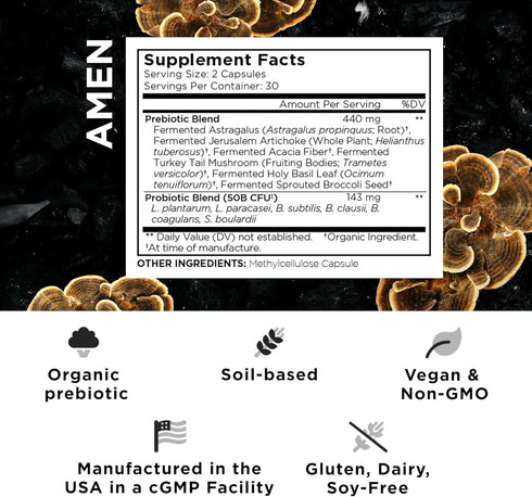 Amen Probiotics Supplement, SBO Probiotic and Organic Prebiotics, 50 Billion CFUs, Shelf Stable, No Refrigeration Required, Flora Daily Probiotic ...