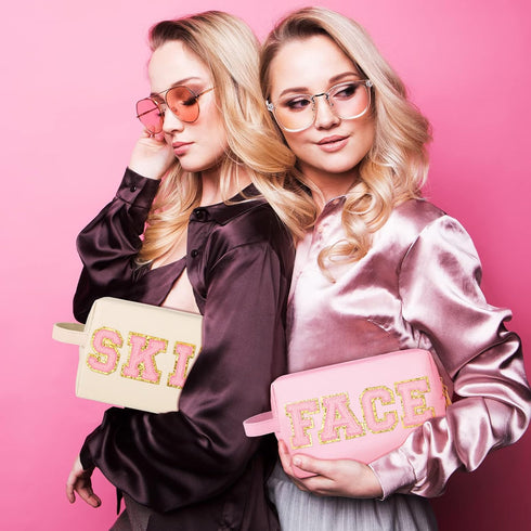 Sotiff 3 Pcs Preppy Patch Makeup Bag Hair Face Skin Cosmetic Bag Travel Toiletry Bag for Women Chenille Letters Patch Bag with Handle Waterproof P...