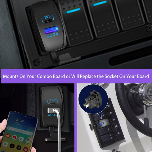 Rocker Switch USB Charger Qidoe 18W Quick Charger 3.0 and PD 20W with LED Rocker Dwitch USB Port Charger for RV,Boat, Marine, Truck, Utv......