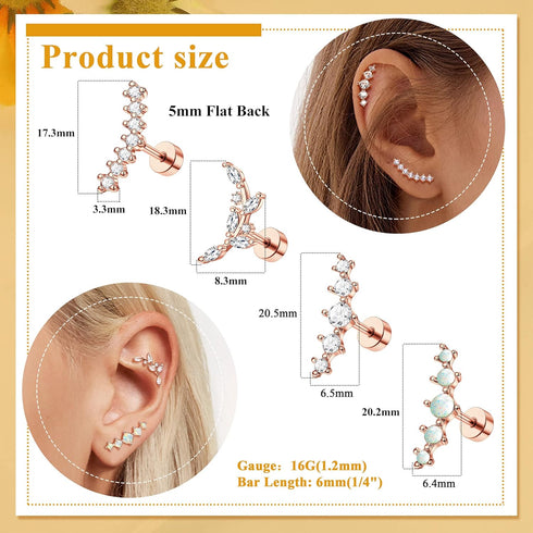 8Pcs 16G Cartilage Earring Set Stainless Steel Flower Opal CZ Stud Earrings Flat Back Cartilage Conch Helix Piercing Jewelry for Women...