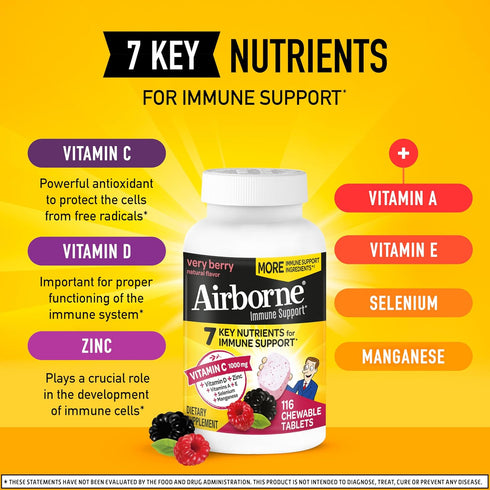 Airborne Vitamin C 1000mg (per Serving) - Very Berry Chewable Tablets (116 Count in a Bottle), Gluten-Free Immune Support Supplement, with Vitamin...