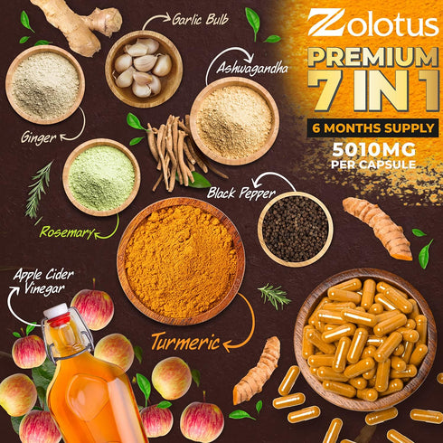 7 in 1 Premium Turmeric Curcumin + Apple Cinder Vinegar Capsules, Equivalent to 5010mg, 6 Month Supply with Ashwagandha, Ginger, Garlic Bulb, 95% ...