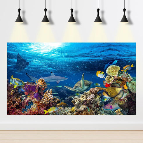 Aquarium Background Underwater Coral Reef Landscape Terrarium Background Deep Blue Ocean with Colorful Fish and Marine Life Sunlight Ray Aquarium ...