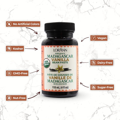 LorAnn Organic Pure Madagascar Vanilla Bean Paste 4oz (118ml) - Rich Flavor, Real Seeds, Ideal for Baking, Desserts, Cooking, Pure Madagascar Bour...
