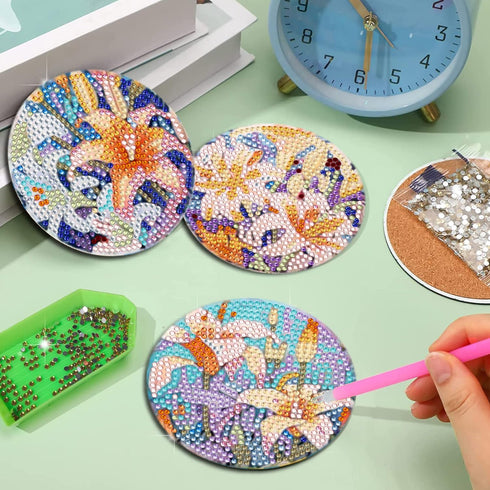 DOTSOPS 8 Pieces Flower Diamond Painting Coasters with Holder - Landscape Diamond Art Coasters with Cork Base for Beginners Adults & Craft Supplie...