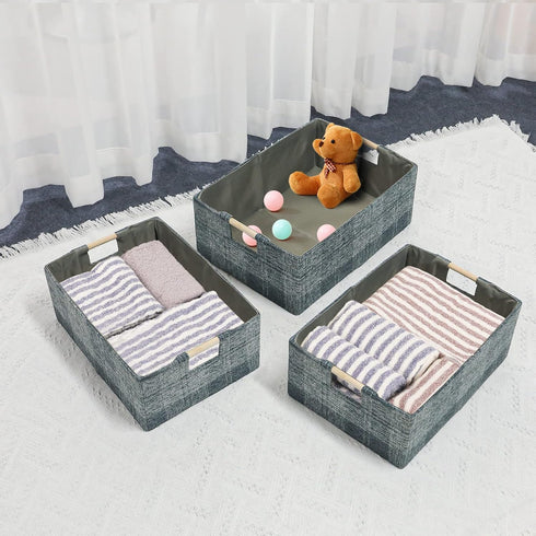Fabric Storage Bin Box Collapsible Cotton Linen Storage Cube with Wooden Handles Rectangular Decorative Home Organizer Clothes Blanket Basket– Dar...