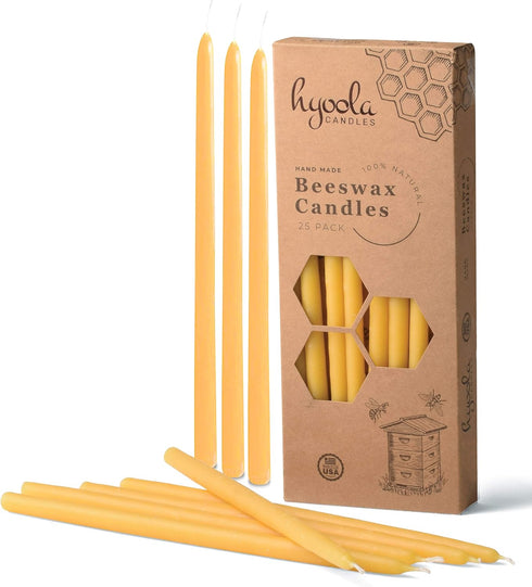Hyoola Beeswax Taper Candles - 25 Pack - Handmade, All Natural, 100% Pure Scented Bee Wax Candle - Tall, Decorative, Golden Yellow - 9” Tall - Han...