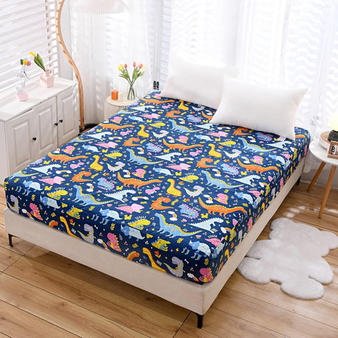 Bedding Fitted Sheet with Deep Pocket for Boys Girls Twin Bed,Dino Printed Thicken Fabric Bed Sheets (Navy Blue(Dinosaur), Twin)...