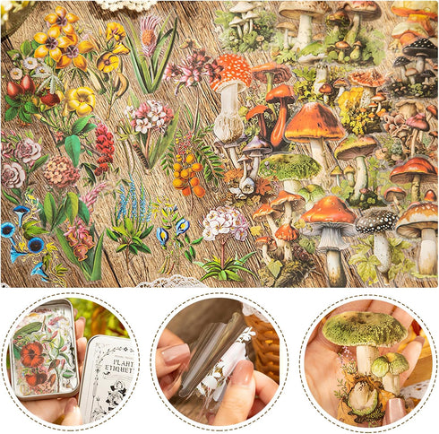 100Pcs Botanical PET Stickers, 2 Styles of Retro Mushrooms and Yard Plant PET Scrapbook Stickers Kit for Art Diary Card Craft Gifts Planner Notebo...