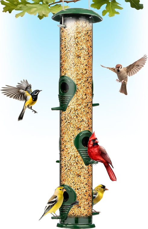 Gray Bunny Metal Bird Feeders for Outdoors Hanging, 6-Port Metal Bird Feeder Tube, Durable, Chew-Proof and Rust-Proof, 16 Inches...