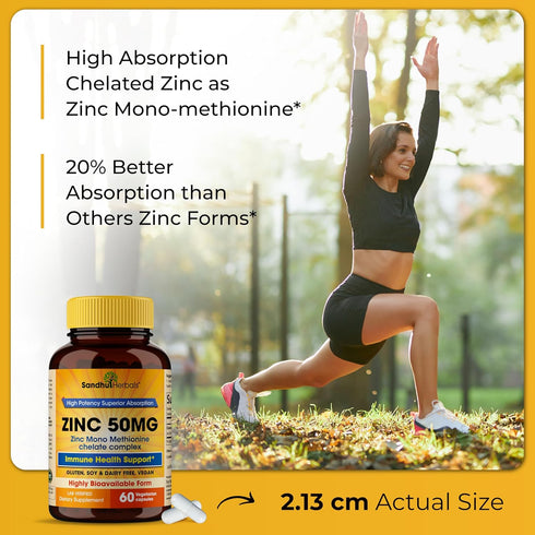Sandhu Herbals Zinc 50mg Supplement for Men & Women| High Absorption Zinc Monomethionine complex 60 Capsules| Zinc Supplements for Immune, Acne & ...